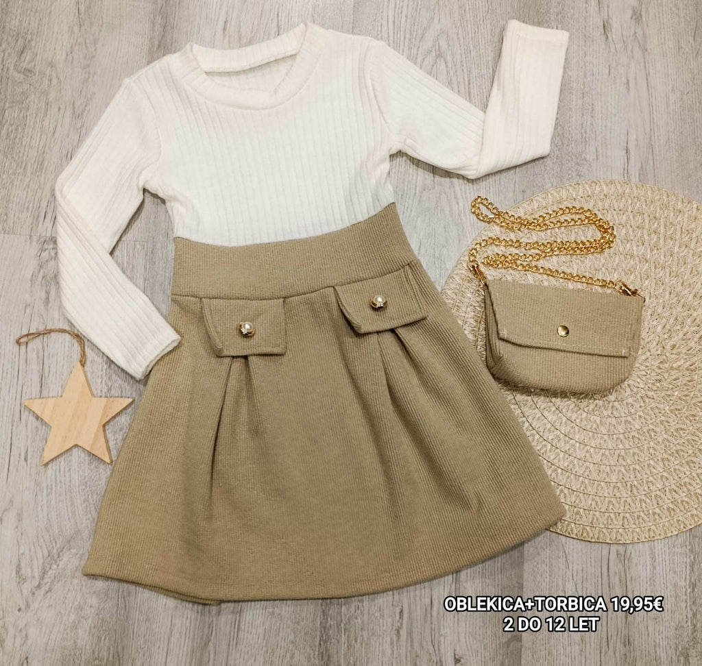 Oblekica+torbica; bež-gumb (2-12 let)