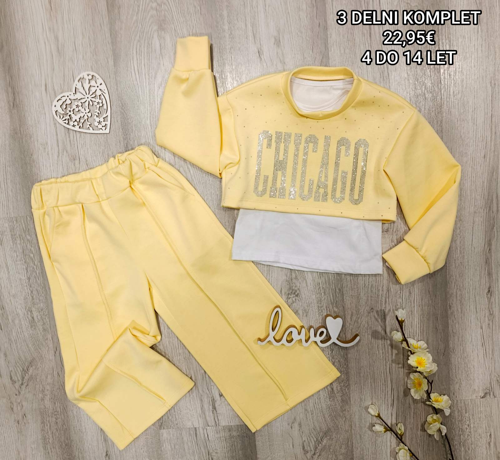 3 delni dekliški komplet CHICAGO-rumen (4 do 14 let)