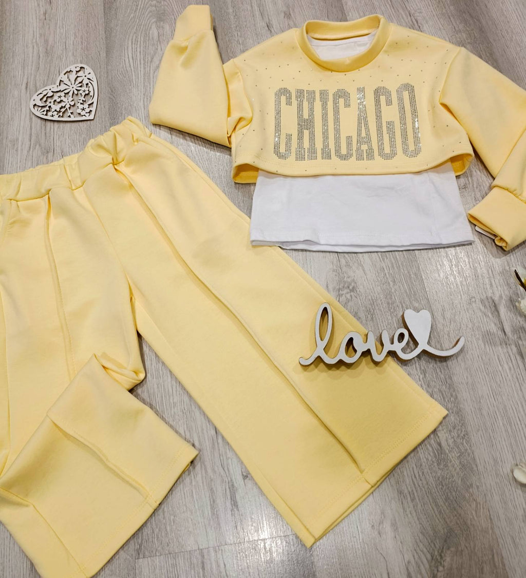 3 delni dekliški komplet CHICAGO-rumen (4 do 14 let)