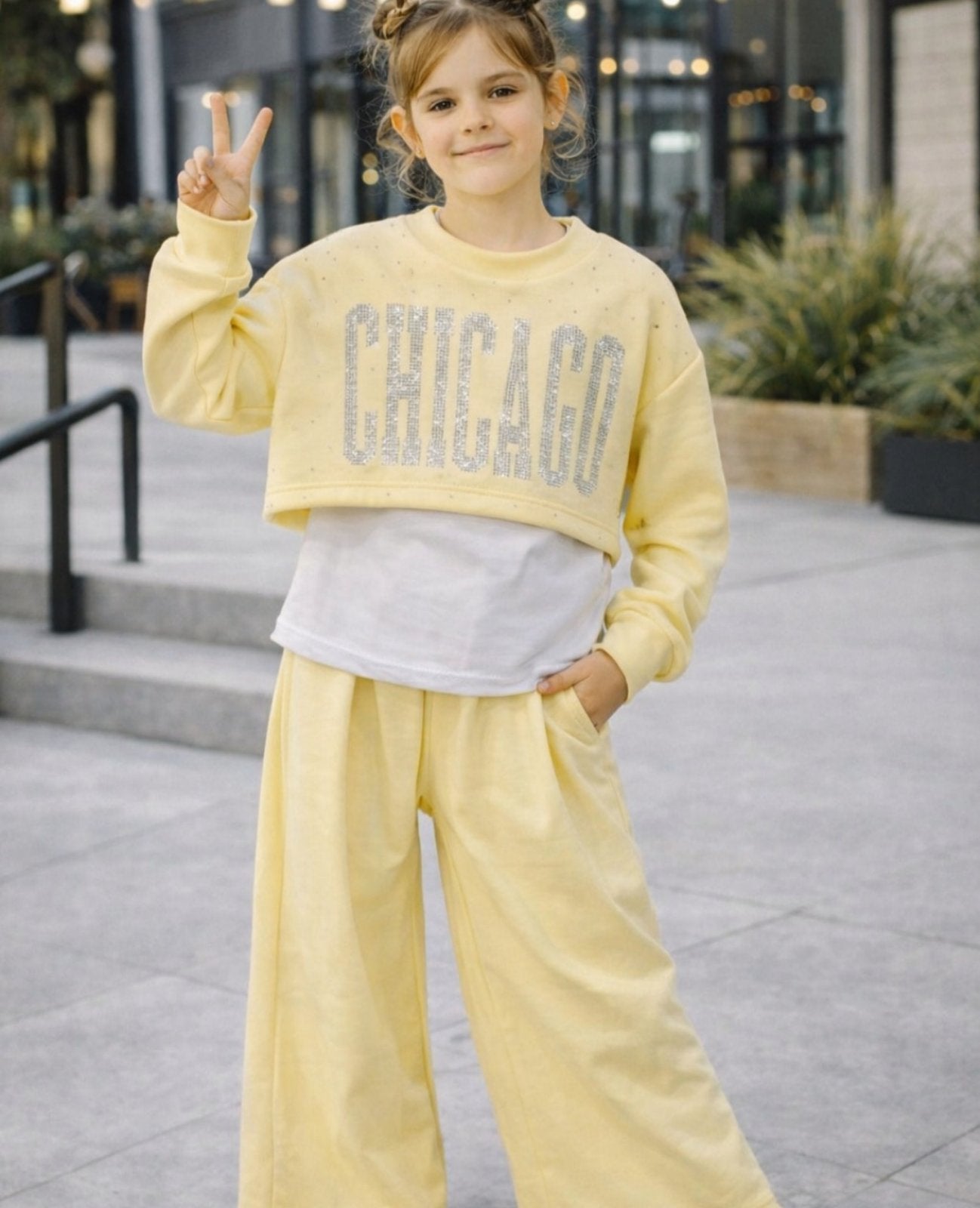 3 delni dekliški komplet CHICAGO-rumen (4 do 14 let)